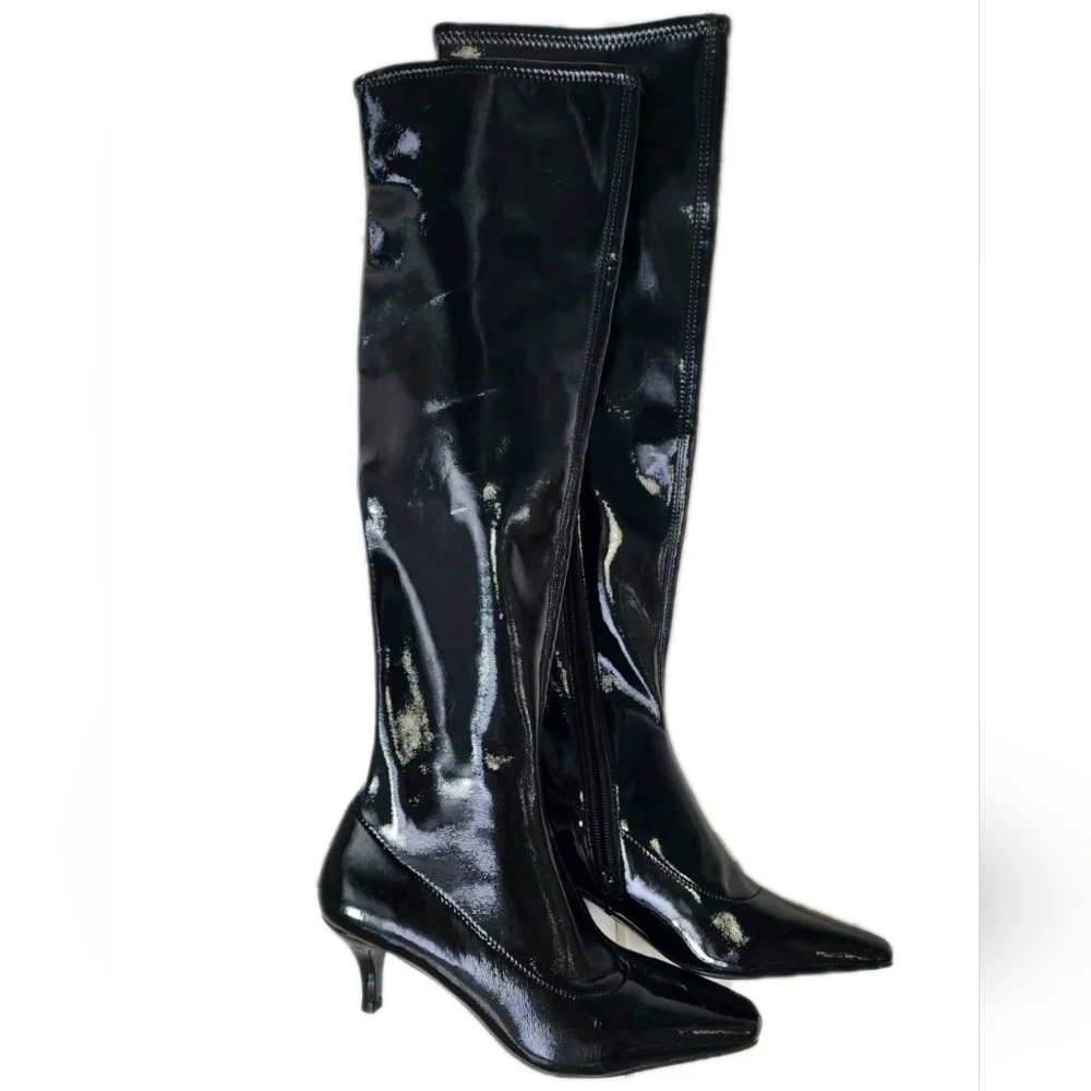 Abound Black Shiny Patent Faux Leather Over Knee Carmy Boots Kitten Heel Size 5